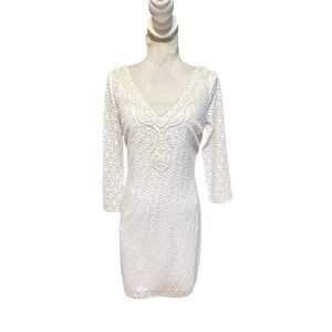 LILLY PULITZER Resort White Alden Tunic Dress V Neck Lined Lace Sleeves Small